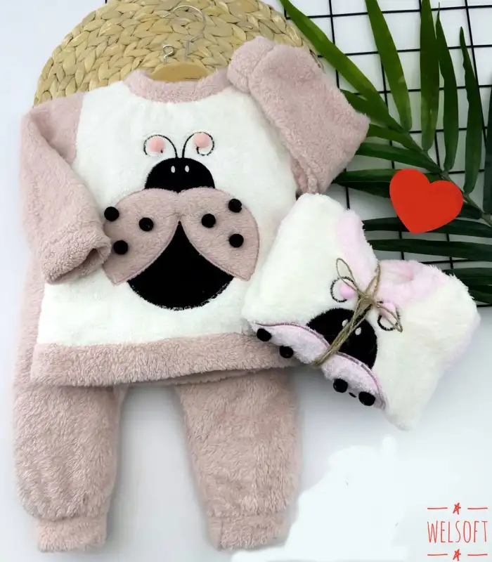 6-9-12-18 Ay Welsoft Kumaş Uğur Böceği Desenli Uzun Kollu 2li Kız Erkek Bebek Takımı Gül Kurusu