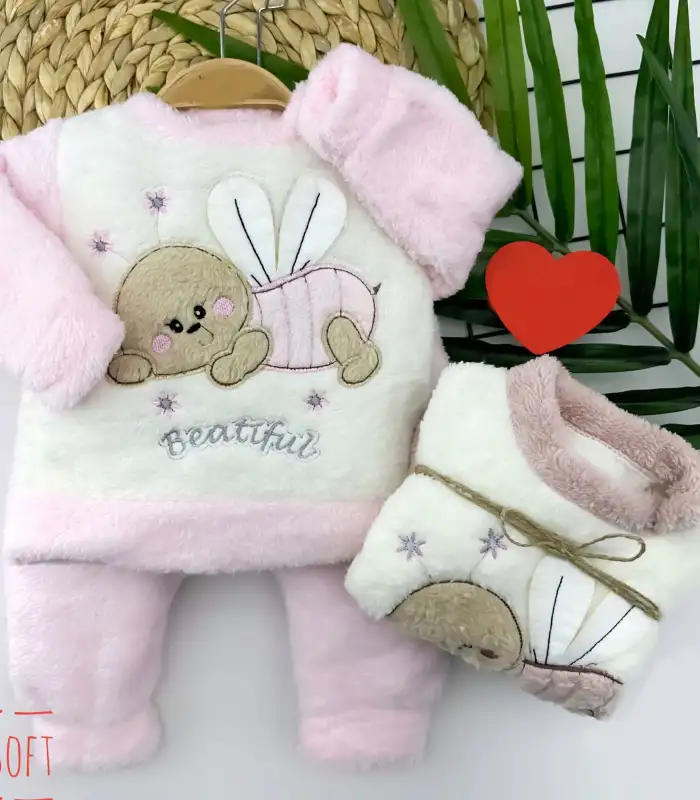 6-9-12-18 Ay Welsoft Kumaş Yavru Arıcık Desenli Uzun Kollu 2li Kız Erkek Bebek Takımı Gül Kurusu