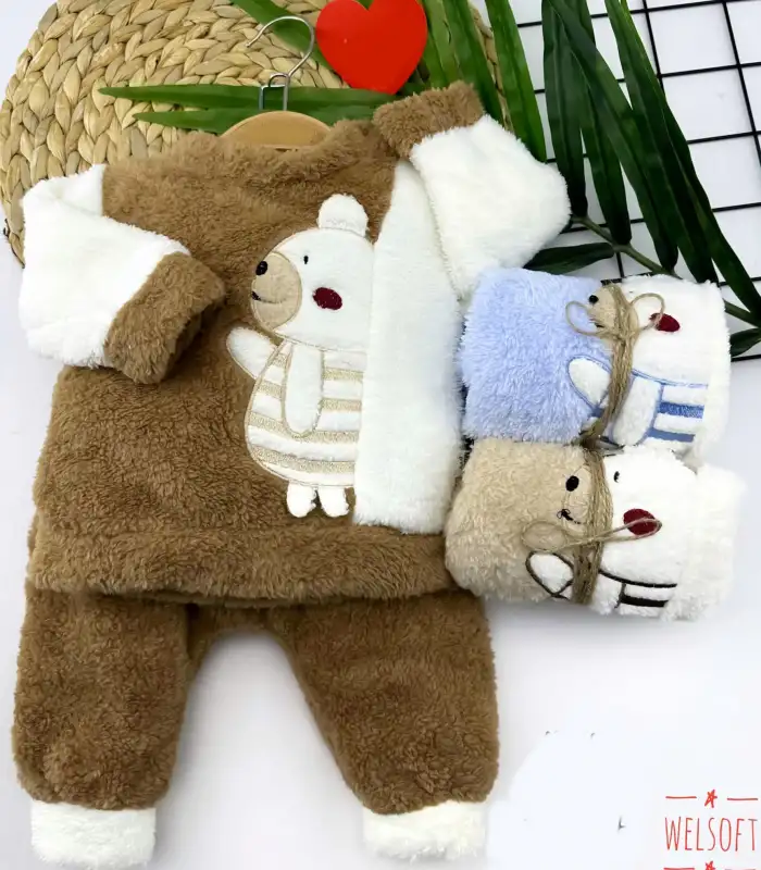 6-9-12-18 Ay Welsoft Kumaş Yavru Ayıcık Desenli Uzun Kollu 2li Kız Erkek Bebek Takımı Bej