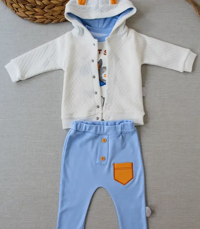 6-9-12 Ay Rabbit Şhow Nakışlı Kapşonlu Ceket Uzun Kollu Sweat Erkek Bebek 3lü Takım Beyaz