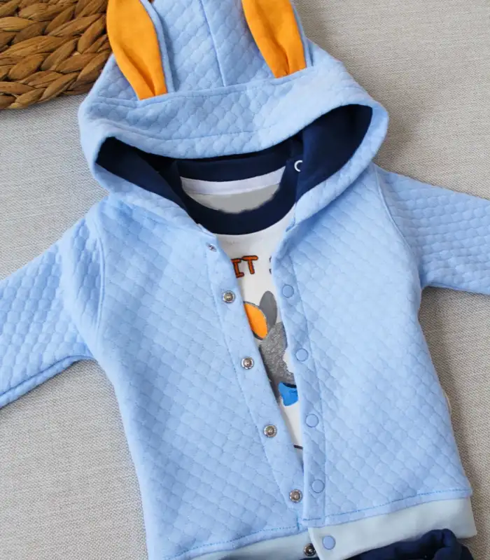 6-9-12 Ay Rabbit Şhow Nakışlı Kapşonlu Ceket Uzun Kollu Sweat Erkek Bebek 3lü Takım Mavi