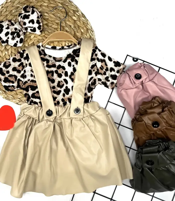 9-12-18-24-36 Ay Leopar Zıbınlı Tişört Bandajlı Deri Etekli 3lü Kız Bebek Salopet Bordo