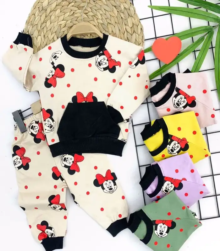 9-12-18-24 Ay Bayan Mickey Baskılı Cepli 2li Kız Bebek Takımı Lila