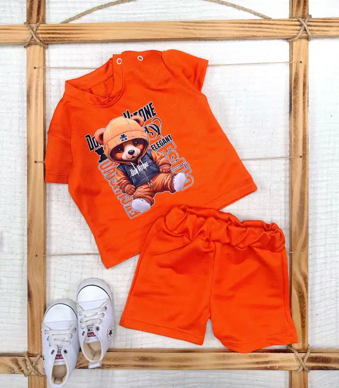 9-12-18-24 Ay Dansçı Ayıcık Baskılı Şortlu Kısa Kollu Tişört 2li Erkek Bebek Takımı