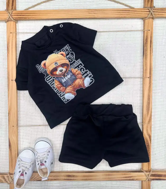 9-12-18-24 Ay Dansçı Ayıcık Baskılı Şortlu Kısa Kollu Tişört 2li Erkek Bebek Takımı