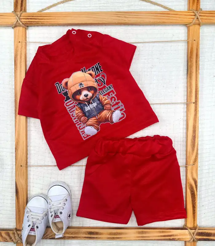 9-12-18-24 Ay Dansçı Ayıcık Baskılı Şortlu Kısa Kollu Tişört 2li Erkek Bebek Takımı