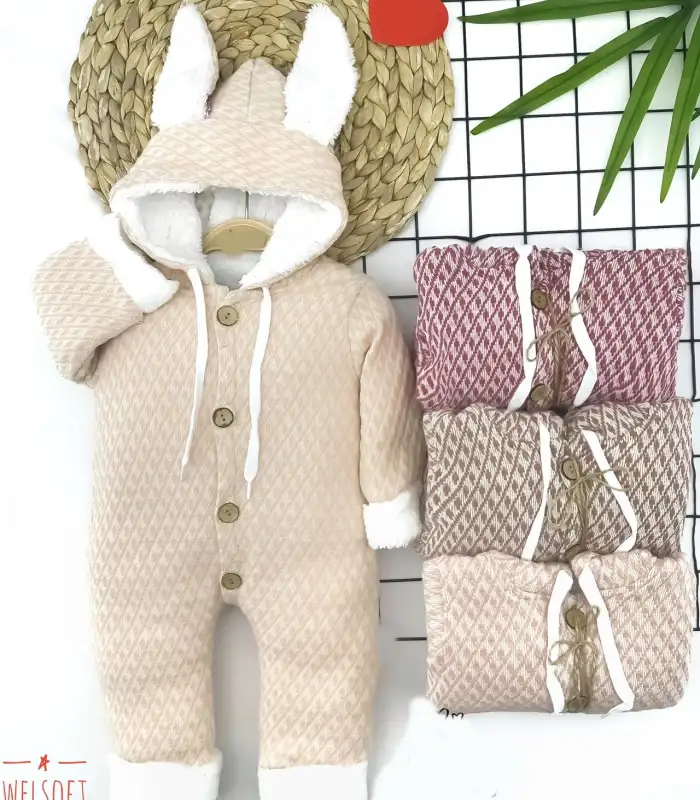 9-12-18-24 Ay Düğme Kapamalı Kapşonlu Motif Desenli Örme Kumaş Kız Erkek Bebek Tulumu Krem