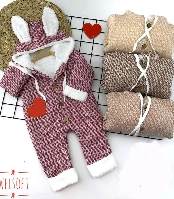 9-12-18-24 Ay Düğme Kapamalı Kapşonlu Motif Desenli Örme Kumaş Kız Erkek Bebek Tulumu Nar Çiçeği