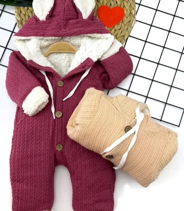 9-12-18-24 Ay Düğme Kapamalı Kapşonlu Örme Kumaş Kız Erkek Bebek Tulumu Nar Çiçeği