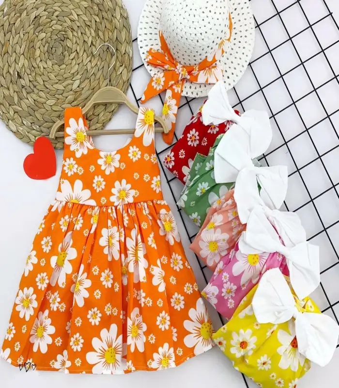 9-12-18-24 Ay Hasır Şapkalı Papatya Desenli Askılı 2li Kız Bebek Elbisesi Pembe