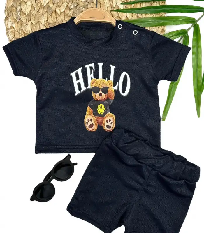 9-12-18-24 Ay Hello Gözlüklü Ayıcık Baskılı Şortlu Kısa Kollu Tişört 2li Erkek Bebek Takımı