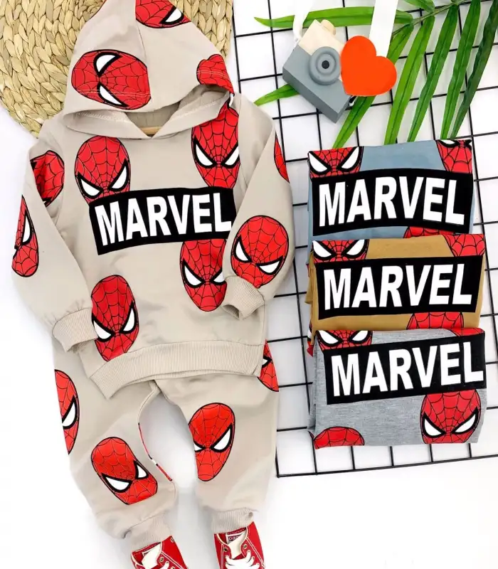 9-12-18-24 Ay Kapşonlu Örümcek Adam Baskılı Uzun Kollu 3lü Kız Erkek Bebek Takımı Su Yeşili