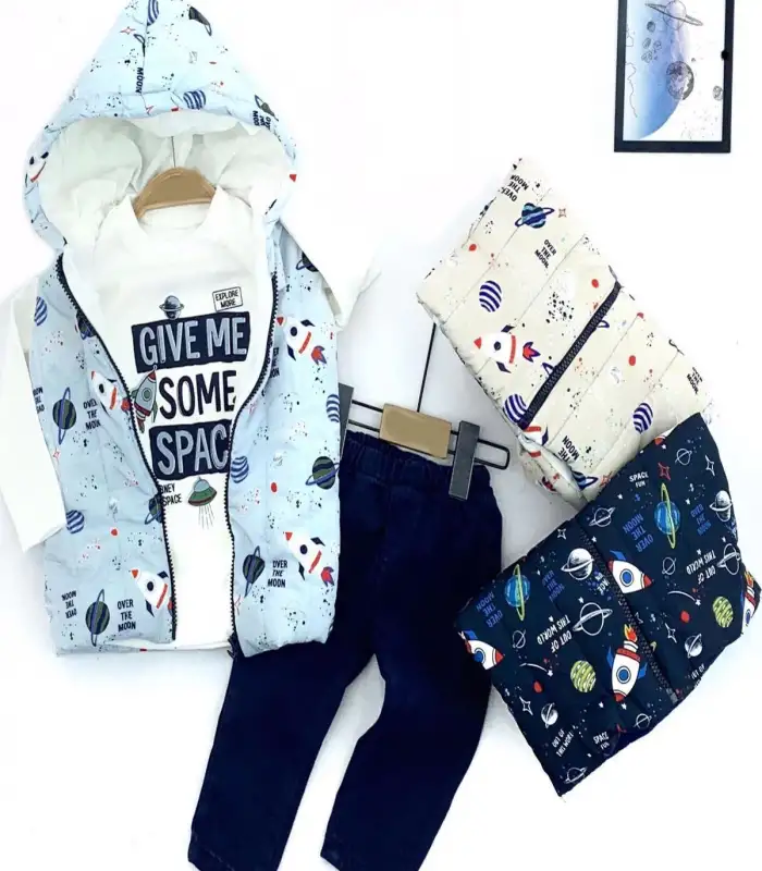 9-12-18-24 Ay Kapşonlu Şişme Yelekli Kot Pantolonlu 3lü Erkek Bebek Takımı Lacivert