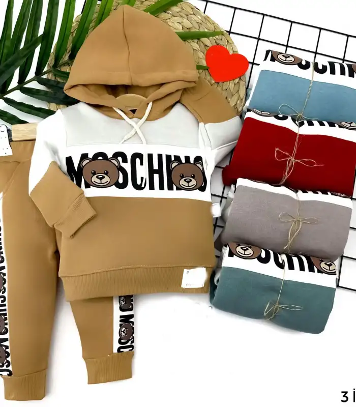 9-12-18-24 Ay Kapşonlu Uzun Kollu Sweatli 3 İp Kumaş 2li Erkek Bebek Takımı Gri