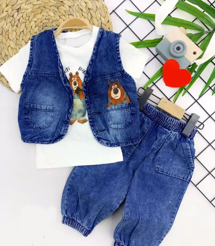 9-12-18-24 Ay Kot Yelek Ve Pantolonlu Cepli Baskılı Tişört 3lü Erkek Bebek Takımı Mavi