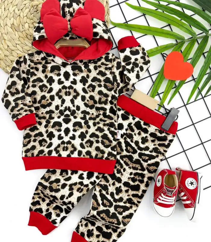 9-12-18-24 Ay Leopar Desenli Papyon Kapşonlu 2li Kız Bebek Takımı Kırmızı