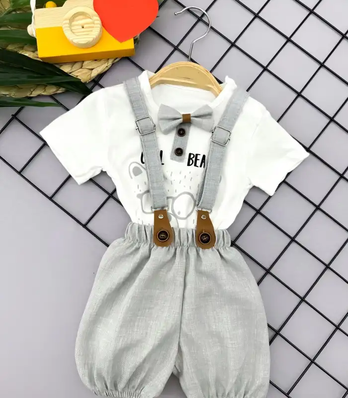 9-12-18-24 Ay Papyon Detaylı Keten Şort Salopet Tişörtlü 2li Erkek Bebek Takımı