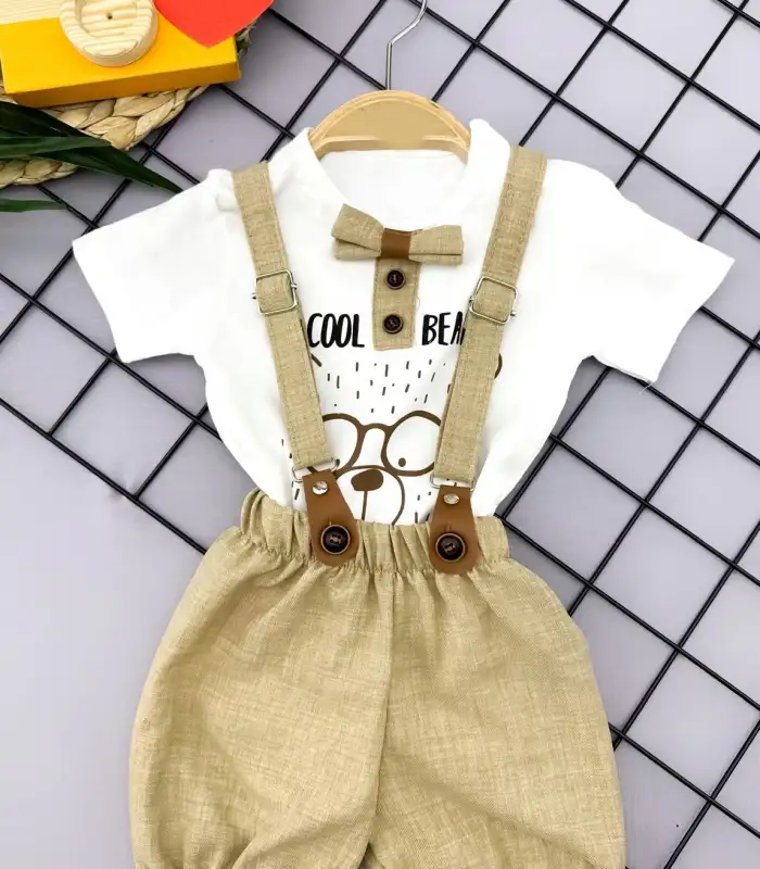 9-12-18-24 Ay Papyon Detaylı Keten Şort Salopet Tişörtlü 2li Erkek Bebek Takımı