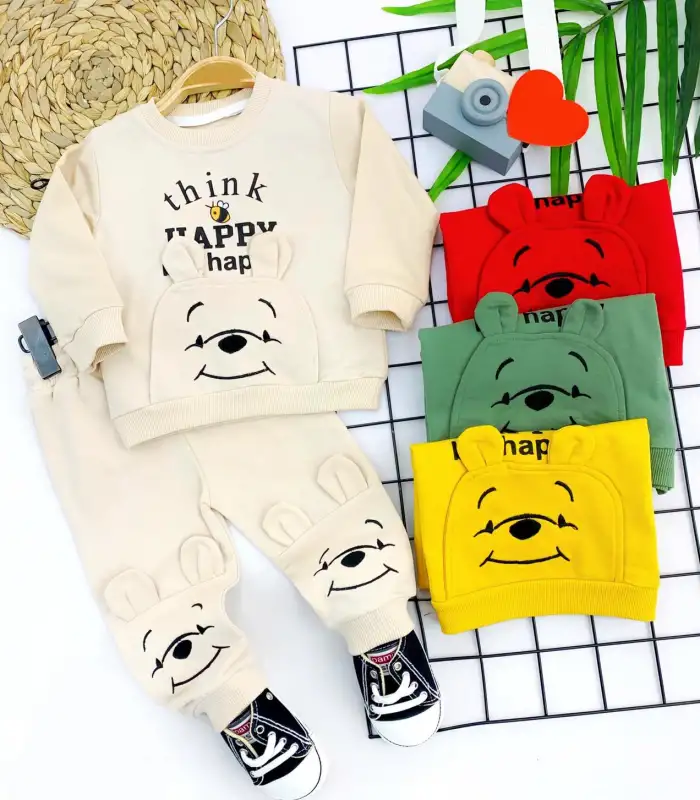 9-12-18-24 Ay Pohh Desenli Uzun Kollu Sweat 2li Kız Erkek Bebek Takımı Krem