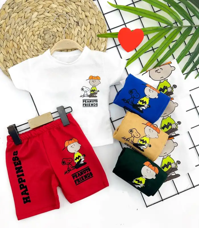 9-12-18-24 Ay Tişört-şort Baskılı Yazlık 2li Erkek Bebek Takımı Krem