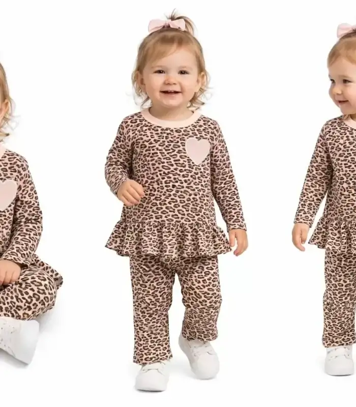 9/18 Ay Leopar Baskılı Penye Bebek Takımı