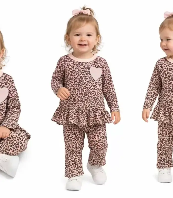 9/18 Ay Leopar Baskılı Penye Bebek Takımı