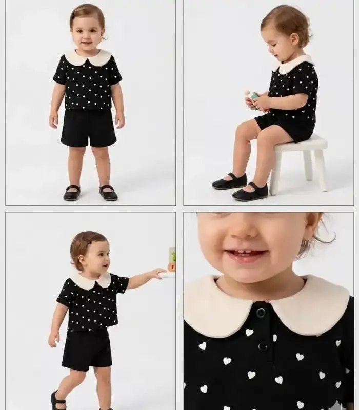 9/24 Ay Bebe Yaka Piti Kalp Baskılı Bebek Takımı