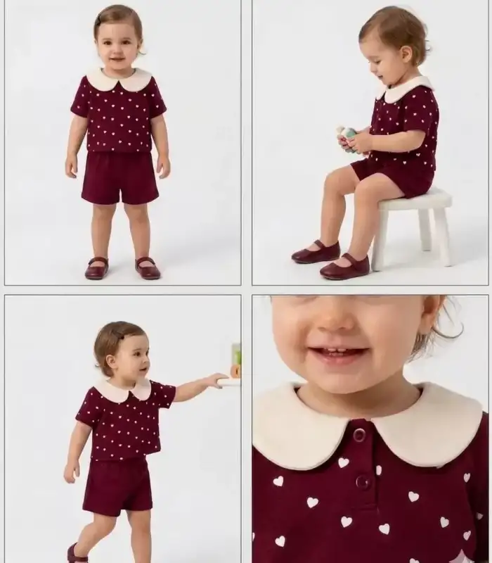 9/24 Ay Bebe Yaka Piti Kalp Baskılı Bebek Takımı