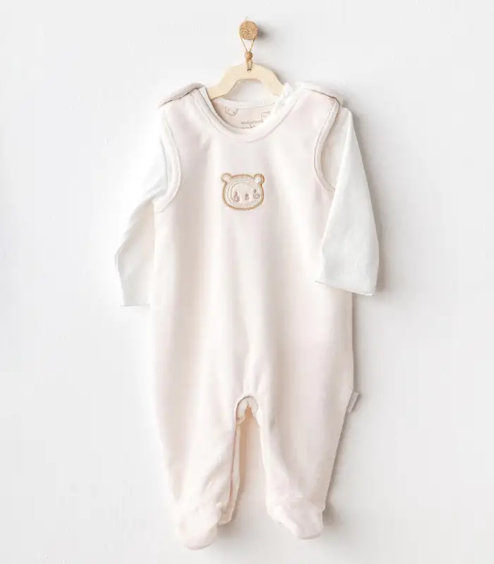 Bear Time Kadife Bebek Tulum Takım Ekru