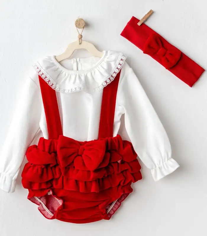 Happy Newyear 3Lü Kadife Bebe Tulum Takım Red