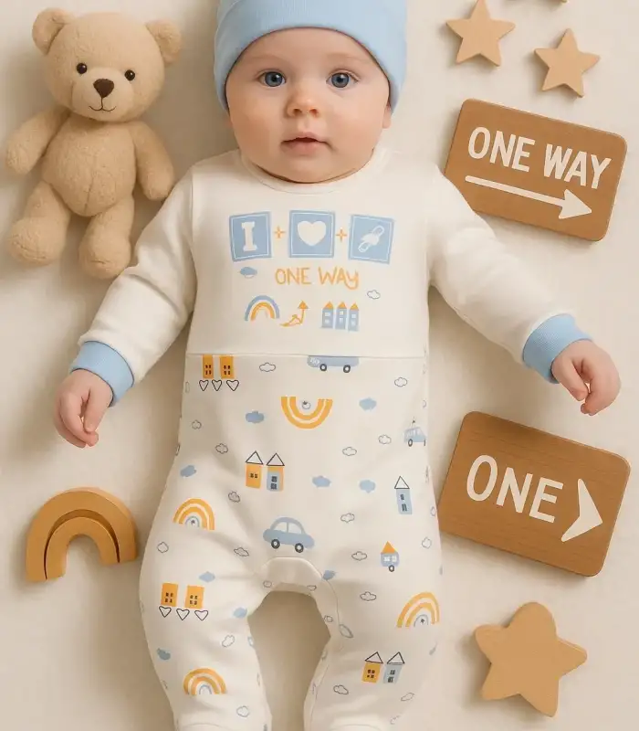 Araba Desenli Mavi 2li Şapkalı Erkek Bebek Tulumu