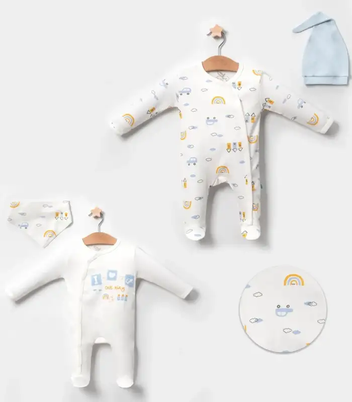 Araba Desenli Mavi 4lü Erkek Bebek Tulumu