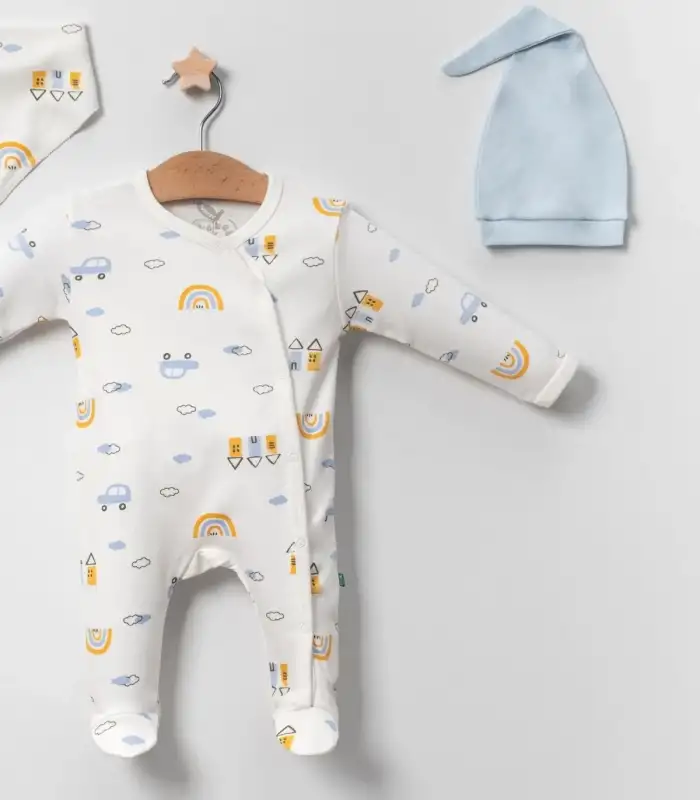 Araba Desenli Mavi 4lü Erkek Bebek Tulumu