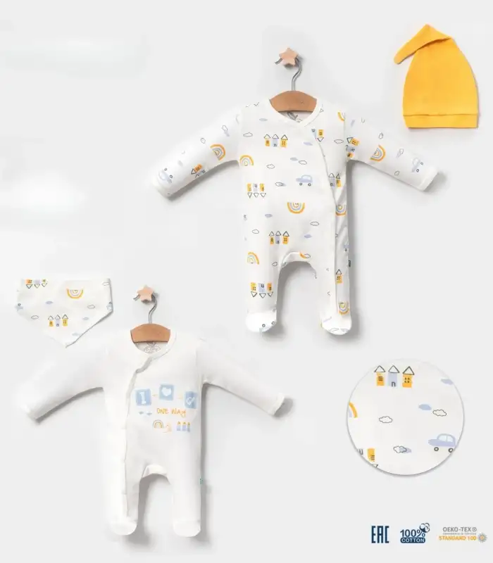 Araba Desenli Sarı 4lü Erkek Bebek Tulumu