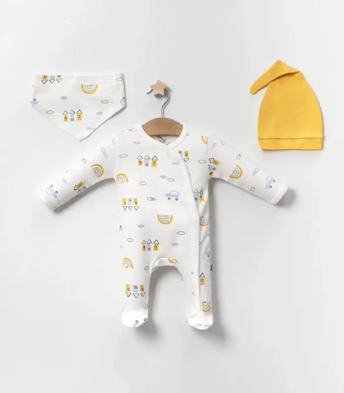Araba Desenli Sarı 4lü Erkek Bebek Tulumu