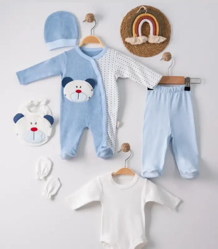Ayıcık Nakışlı Tulumlu % 100 Pamuk Erkek Bebek 5li Set