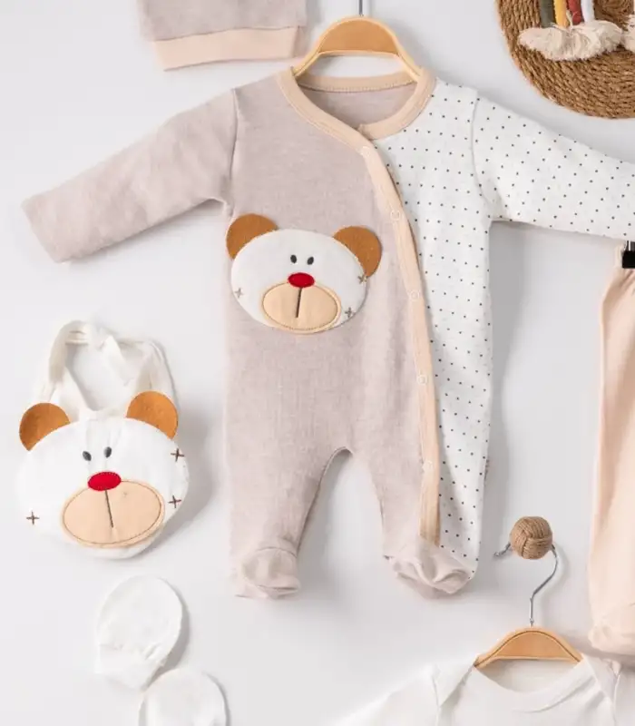 Ayıcık Nakışlı Tulumlu % 100 Pamuk Erkek Bebek 5li Set