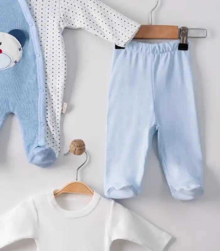Ayıcık Nakışlı Tulumlu % 100 Pamuk Erkek Bebek 5li Set