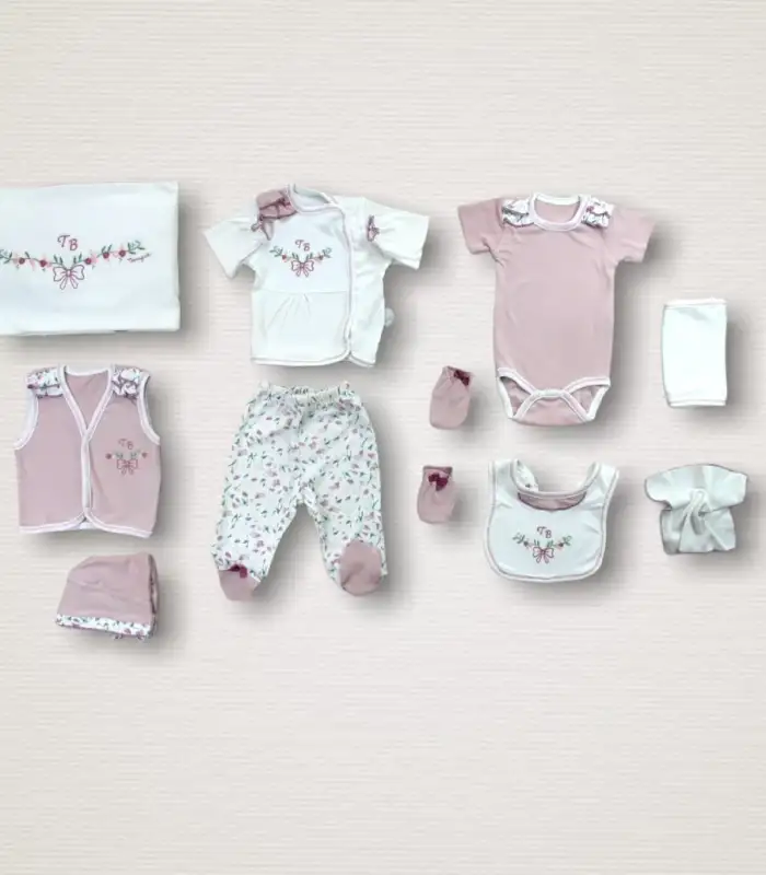 Bahar Çiçekleri Nakışlı  10lu Zıbın Takımı Hastane Çıkışı Gül Kurusu