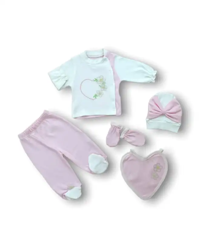 Baharın Çiçekli Kalbi Nakışlı  5li Zıbın Takımı Hastane Çıkışı Pembe