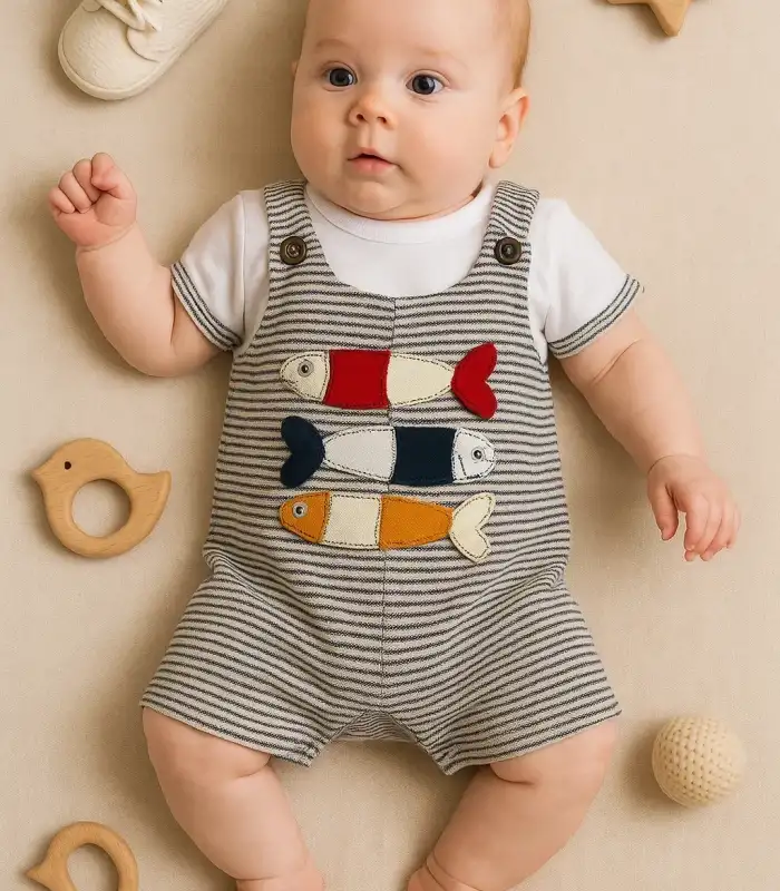 Balık Nakışlı Kısa Kollu Erkek Bebek Tulumu