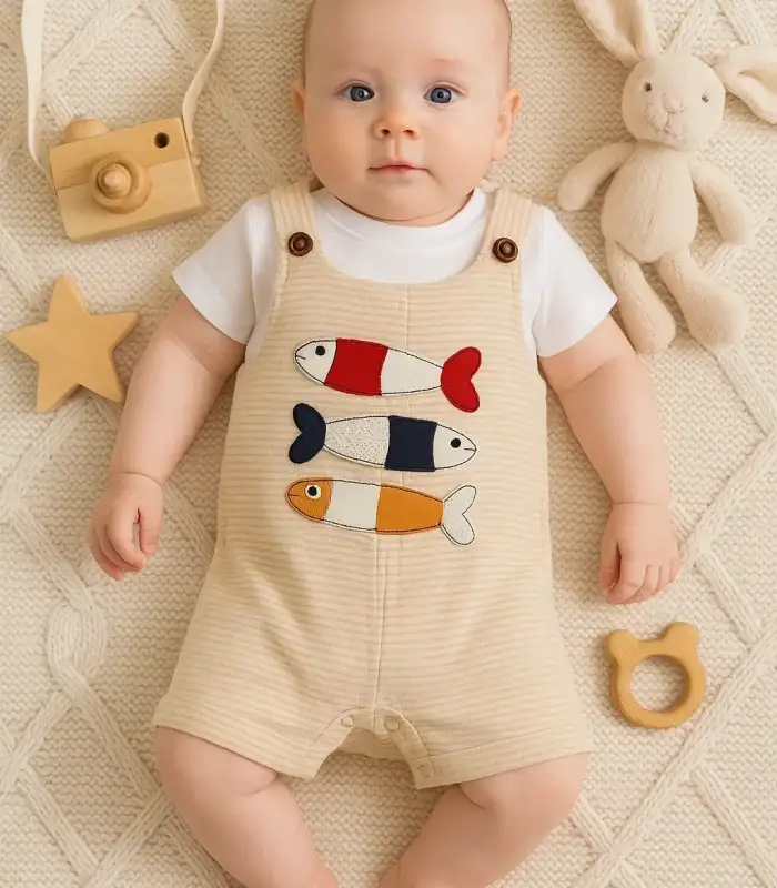 Balık Nakışlı Kısa Kollu Erkek Bebek Tulumu
