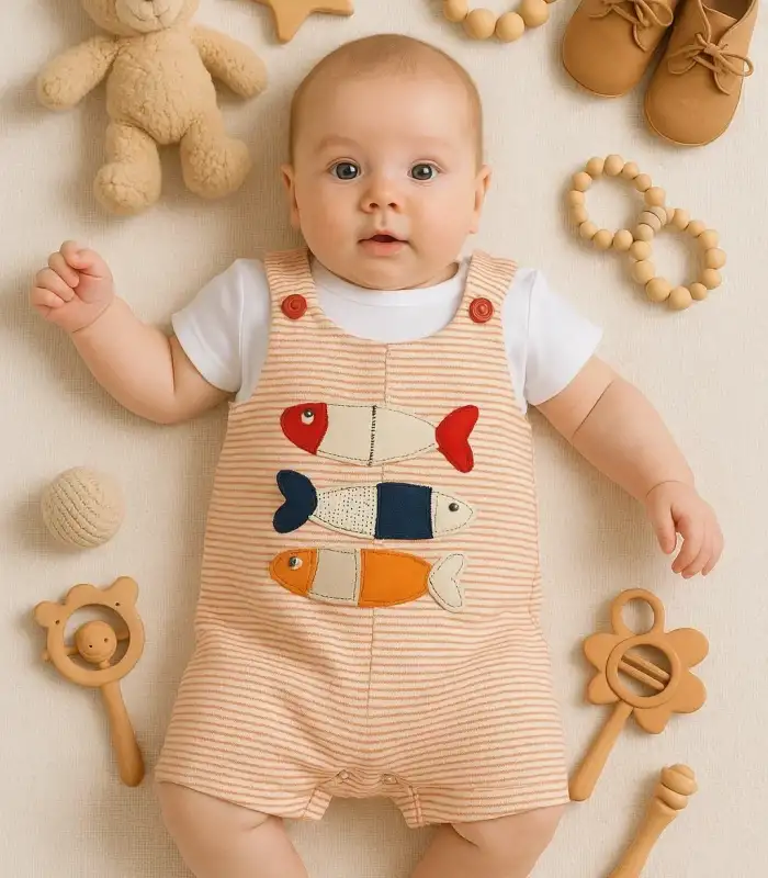 Balık Nakışlı Kısa Kollu Erkek Bebek Tulumu