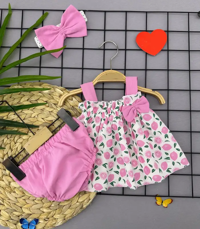 3-6-9-12 Ay Bandajlı Ve Kilotlu Meyve Desenli Askılı 3lü Kız Bebek Elbisesi Pembe