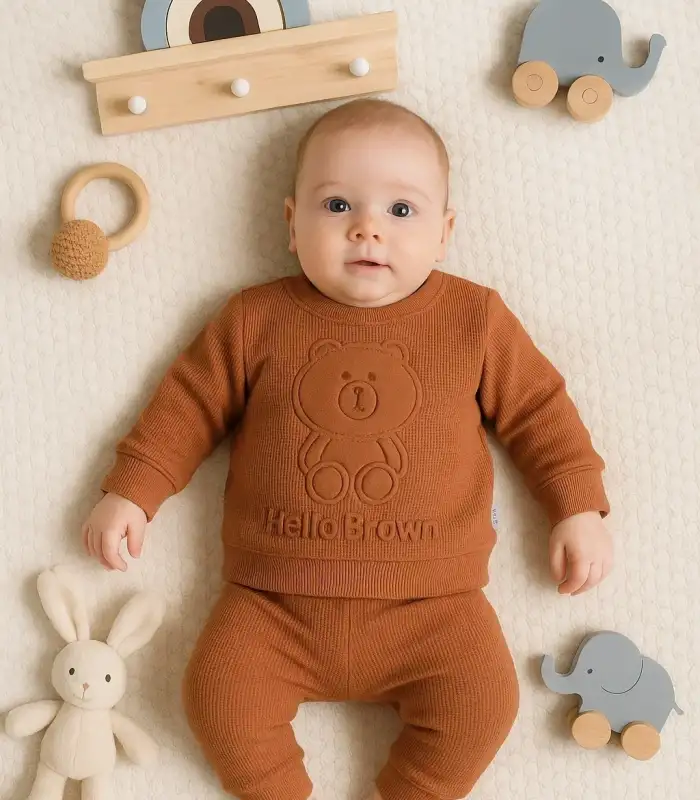 Bear Gofre Kabartmalı 2li Erkek Bebek Takımı