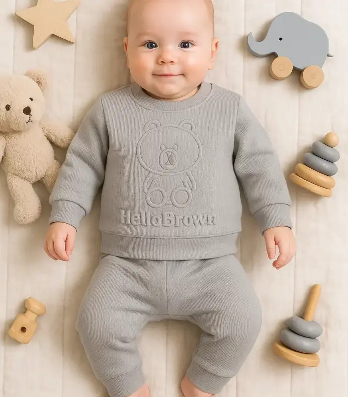 Bear Gofre Kabartmalı 2li Erkek Bebek Takımı
