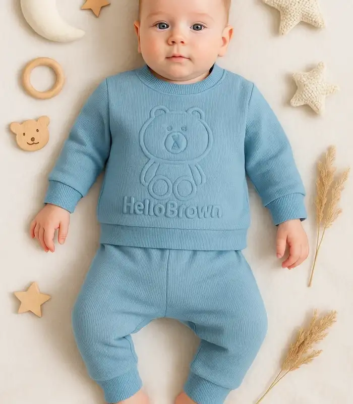 Bear Gofre Kabartmalı 2li Erkek Bebek Takımı