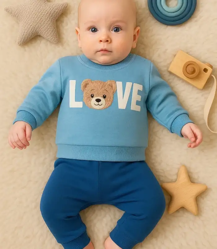 Bear Love Nakışlı % 100 Pamuklu 2li Erkek Takım