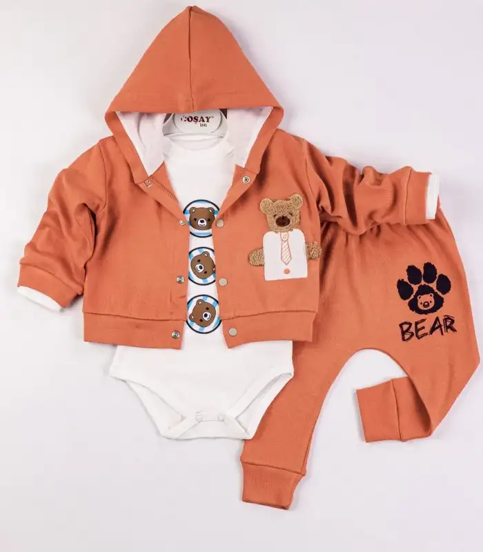 Bear Nakışlı Kapişonlu Erkek Bebek Takım