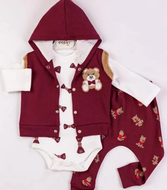 Bear Nakışlı Yelekli 3lü Erkek Bebek Takımı
